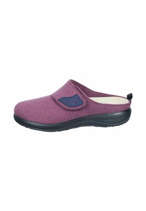 Purple felt clog with a black rubber sole and a blue fabric accent. Slip-on design with a rounded toe and minimalistic style.