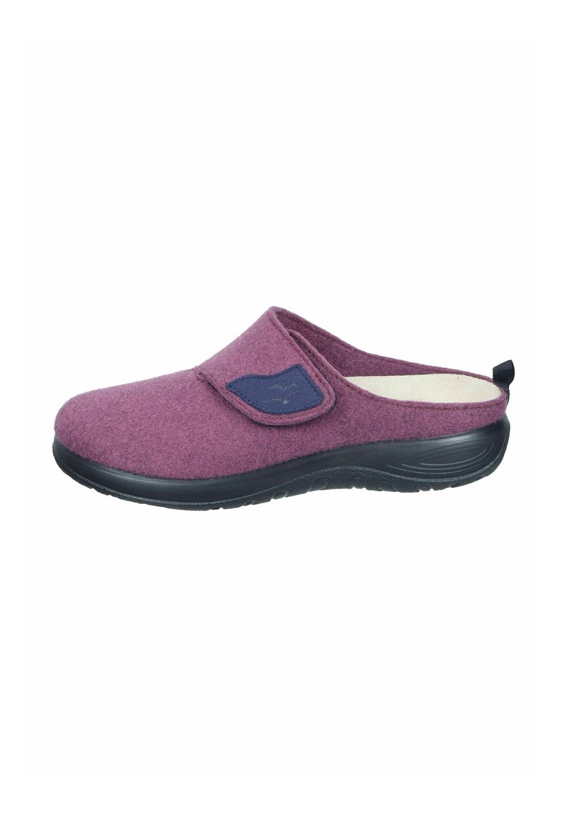 Purple felt clog with a black rubber sole and a blue fabric accent. Slip-on design with a rounded toe and minimalistic style.