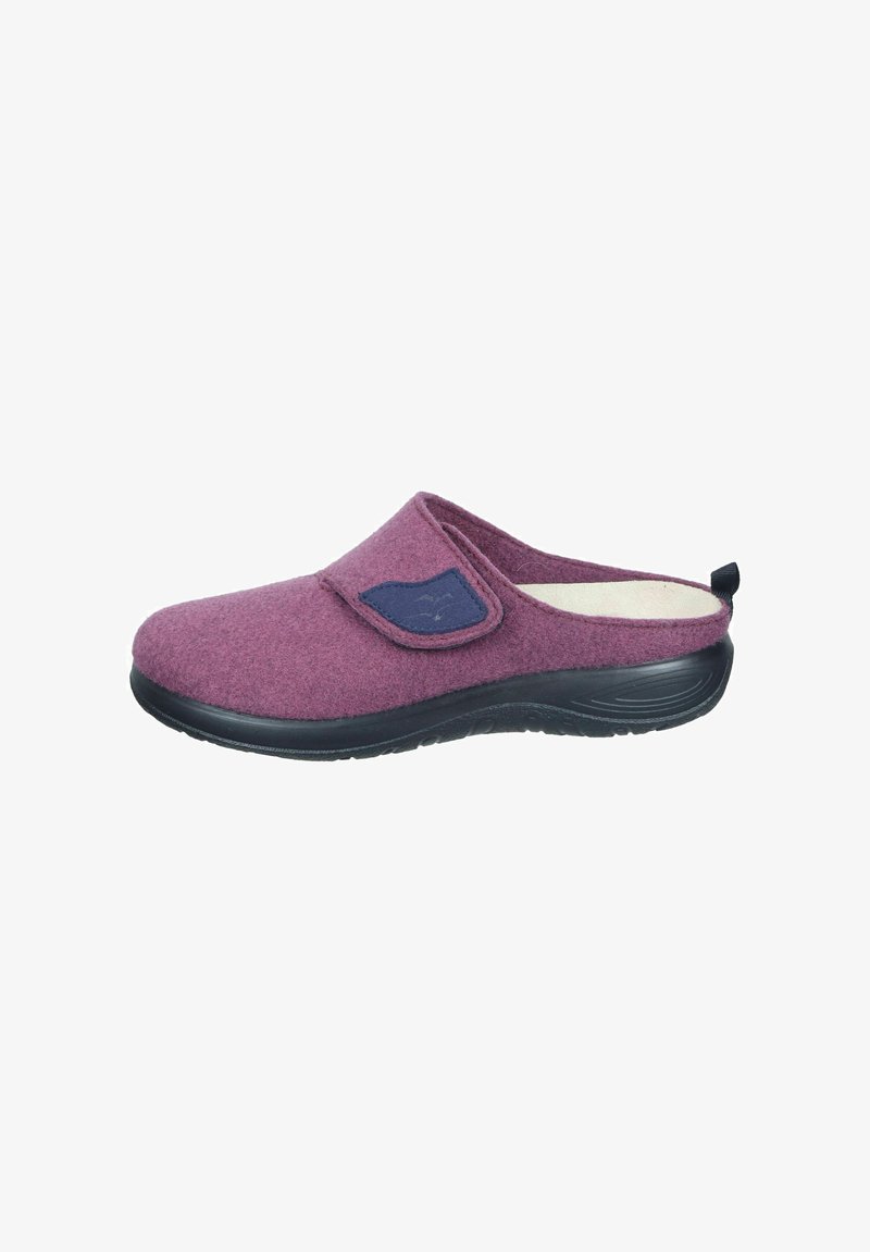 Purple felt clog with a black rubber sole and a blue fabric accent. Slip-on design with a rounded toe and minimalistic style.
