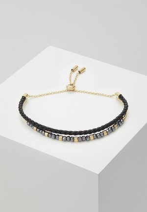 Double-strand bracelet with black braided leather and gold-tone chain, featuring alternating gold and black beads on one strand.