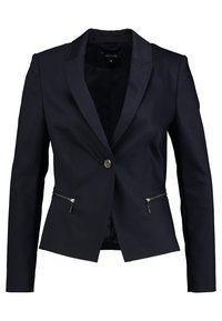 Blazer blu navy con rever a scrocco, chiusura con un bottone e tasche con zip. Realizzato in un tessuto liscio e strutturato. Vestibilità tailored.