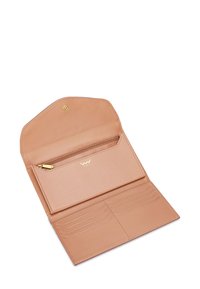 Tan leather wallet with a smooth texture, features a zippered pocket, multiple card slots, and a gold snap closure.