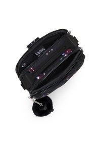 Black fabric wallet with floral pattern, multiple zippered compartments, and a keychain pom-pom accent. Inside features a smooth texture.
