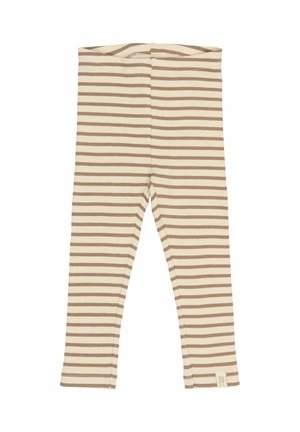 Csíkos leggings, puha anyagból készült, krém és barna vízszintes csíkok váltakoznak rajta, bordázott textúrával és egy kis logócímkével.