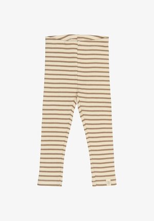 Pehmedest seljaga retuusid, millel on vahelduvad kreemja ja pruuni värvi horisontaalsed triibud, ribakujuline tekstuur ja väike logosilt.