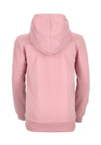 Rosa huvtröja med lång ärmar, en känguruficka och ribbade ärmslut och nederkant. Materialet verkar mjukt och texturerat.