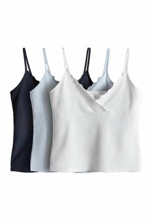 Set de trei maiouri fără mâneci pentru femei cu decolteu ondulat, în negru, gri deschis și alb, așezate una lângă alta.