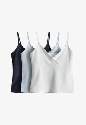 Set of three women's sleeveless camisoles with scalloped neckline in black, light gray, and white, layered side by side.