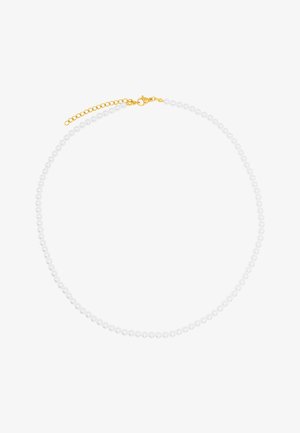 Witte parelketting met een gouden sluiting, voorzien van een delicate kettingverlenging voor een verstelbare lengte. Gladde parelmoer-afwerking.