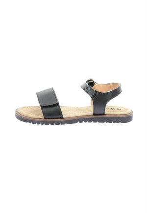Sandalia de cuero negro con dos correas ajustables, plantillas de corcho y suela de goma texturizada marrón. Diseño de espalda abierta para fácil uso.