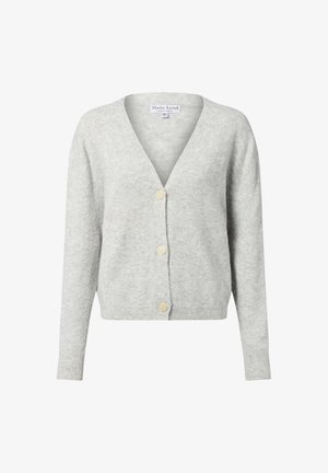 Light gray cardigan with a V-neck, long sleeves, and five buttons at the front. Soft texture and ribbed cuffs and hem.