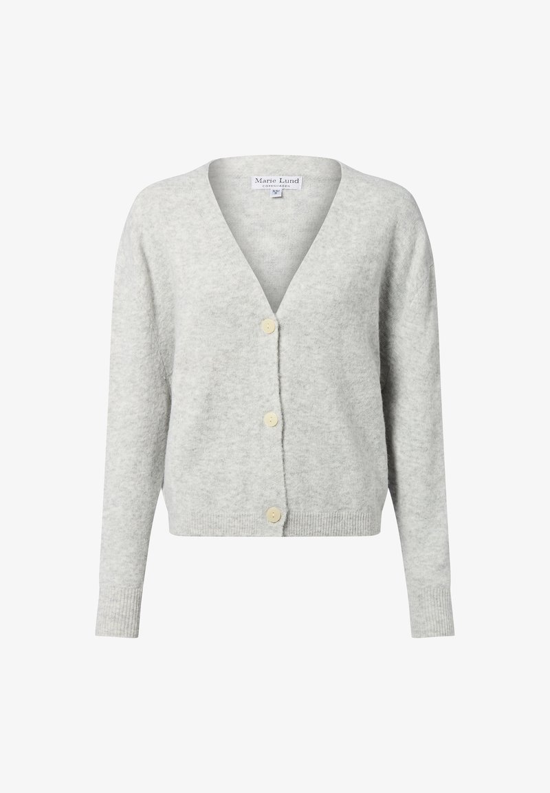 Jasnoszary kardigan z dekoltem w serek, długimi rękawami i pięcioma guzikami z przodu. Miękka tekstura oraz prążkowane mankiety i dół.