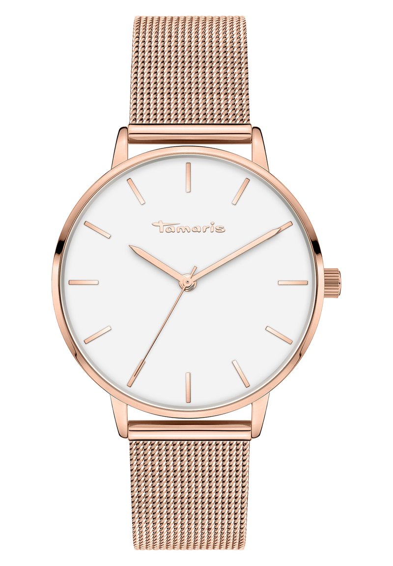 Orologio rotondo Tamaris con quadrante bianco, indici delle ore in oro rosa e cinturino a rete. Presenta un design minimalista e una superficie liscia.