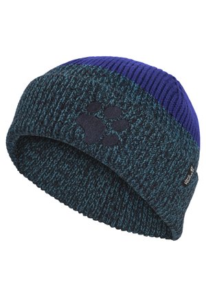Blaues und dunkel-türkisfarbenes gestricktes Wintermütze mit einem schwarzen Pfotenabdruck-Logo und einem kleinen Stoff-Brandetikett an der Seite.