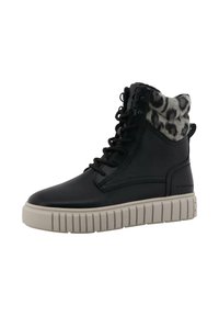 Zwarte veterschoenen tot de enkels met een gestructureerde grijs lederen kraag met een luipaardprint, ronde neus en witte, geribbelde zool. Ontworpen met metalen oogjes en lussen.