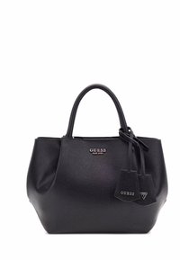 Borsa a mano in pelle nera con superficie texture, doppi manici e dettagli con logo. Presenta un nastro annodato e etichette pendenti.