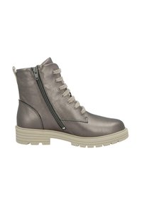 Gray leather ankle boot with beige laces, side zipper, and beige rubber sole with tread pattern.