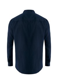 Camicia a maniche lunghe blu navy con colletto classico, texture liscia, polsini abbottonati e senza modelli o grafiche visibili sulla schiena.