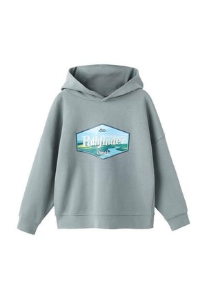 Haut à capuche gris avec un grand motif turquoise et blanc "Pathfinder Outside" ; présente une texture douce, une coupe décontractée et une poche kangourou.