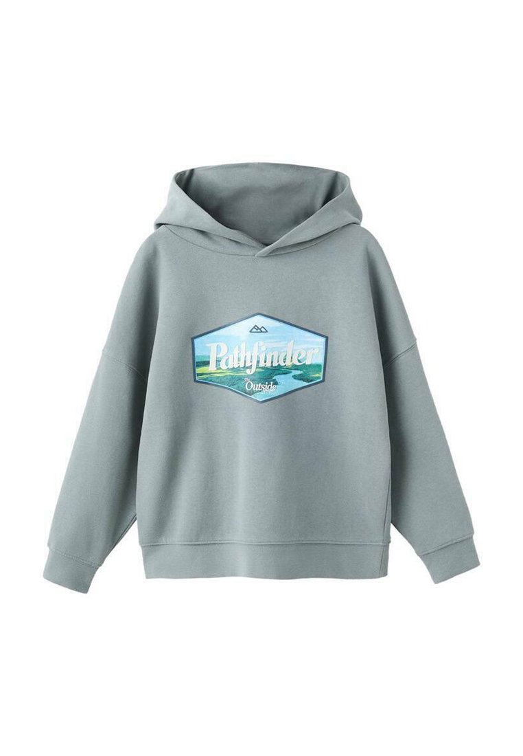 Felpa grigia con una grande grafica "Pathfinder Outside" turchese e bianca; presenta una texture morbida, vestibilità comoda e una tasca a marsupio.