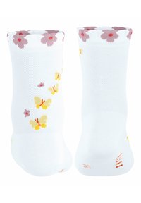 Weiße Socken mit einem Mesh-Design, das bunte Schmetterlinge und Blumenmuster zeigt. Akzentuiert mit hellrosa am oberen Rand und Details in Gelb und Orange.