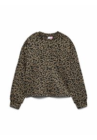 Svetrytis su leopardo raštu rudos ir juodos spalvos, turi apvalią apykaklę ir ilgus rankovėlius, pagamintas iš minkštos, tekstūruotos medžiagos.