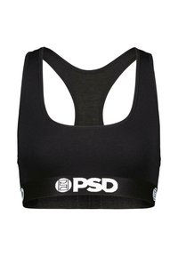 Crni sportski grudnjak s dizajnom leđa u obliku slova Y, izrađen od mekane tkanine. Ima široku elastičnu traku s detaljima bijelog "PSD" loga.