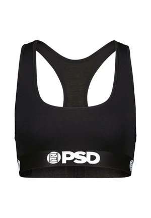 Crni sportski grudnjak s dizajnom leđa u obliku slova Y, izrađen od mekane tkanine. Ima široku elastičnu traku s detaljima bijelog "PSD" loga.