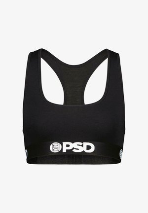 Črn športni modrček z dizajnom pri rami, izdelan iz mehkega blaga. Ima širok elastičen trak z belim logotipom "PSD".