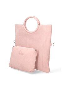 Borsa a spalla in camoscio di colore rosa chiaro con manico a cerchio, dotata di una pochette abbinata removibile, accessori in argento e superficie liscia.