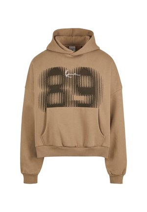 Pješčana dukserica s kapuljačom, koja s prednje strane ima veliki crni grafički print "89" i suptilan bijeli logo. Uključuje kengur džep i rebraste manžete.