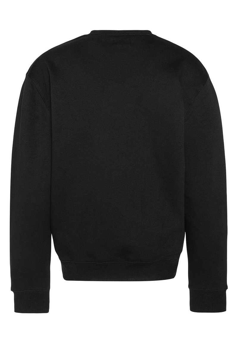 Schwarzes Sweatshirt mit Rundhalsausschnitt, langen Ärmeln, gerippten Bündchen und Abschluss. Glatte Textur, minimalistisches Design, keine sichtbaren Logos oder Muster.