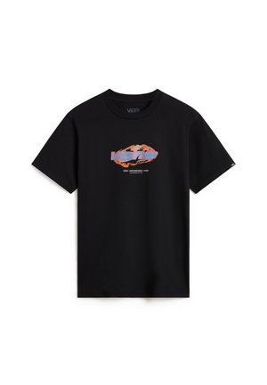 Czarny t-shirt Vans z krótkim rękawem, z pomarańczowo-niebieską grafiką płomieni i logo Vans na środku klatki piersiowej.