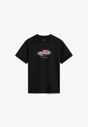 Camiseta negra de manga corta de Vans con gráfico de llamas en naranja y azul y logo de Vans centrado en el pecho.