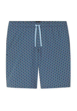 Blauwe zwemshorts met patroon, voorzien van een lichtblauw trekkoord en kleine oranje accenten in een circulair geometrisch ontwerp op de stof.