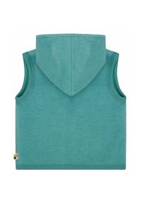 Türkiser ärmelloser Hoodie mit weicher Textur, ausgestattet mit einer geräumigen Kapuze und gerippten Armausschnitten. Enthält ein kleines mehrfarbiges Etikett am Saum.