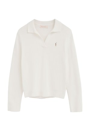 Hvid langærmet polo-sweater med åben krave og lille broderet polo-spiller logo på venstre bryst.