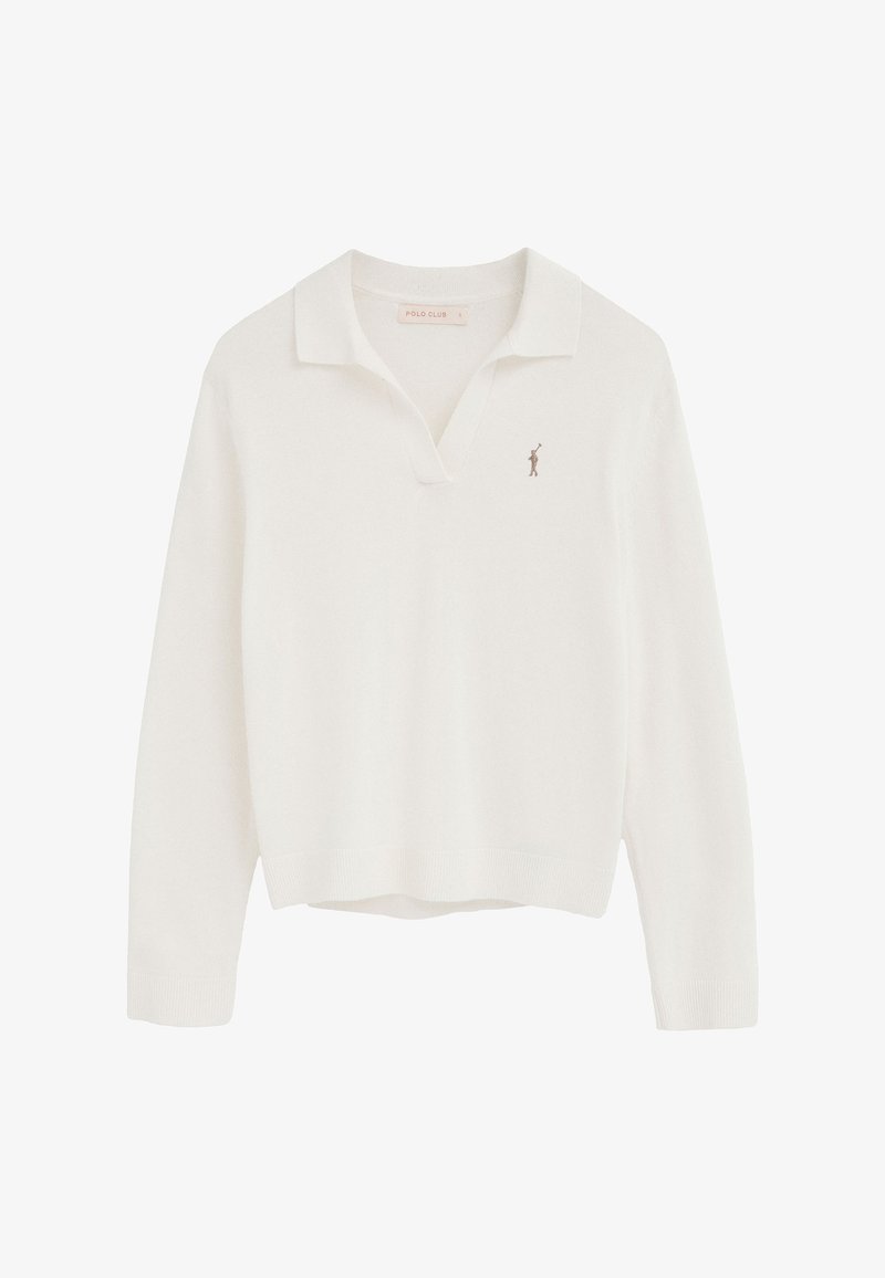 Hvid langærmet polo-sweater med åben krave og lille broderet polo-spiller logo på venstre bryst.