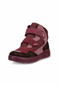 Høj-top bordeaux sko med velcro-stropper, fremstillet af blandede materialer inklusive ruskind og mesh, rund tå og struktureret gummisål.