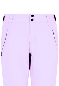Šviesiai violetinės kelnės su lygiu paviršiumi, turinčios du juodus mygtukus, šonines kišenes ir kontrastingą juodą apvadą ant klubų ir kišenių kraštų.