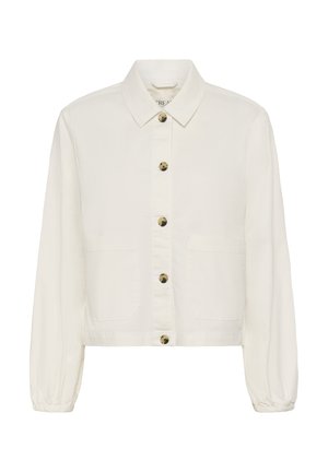 Veste en coton blanc avec col chemise, boutons sur le devant, deux poches latérales et manches longues avec poignets élastiques. Texture lisse.