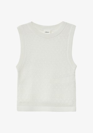 Biała dzianinowa top bez rękawów z fakturowanym wzorem i rypsowym dekoltem. Posiada wszechobecny wzór w diamenty oraz prosty dół.