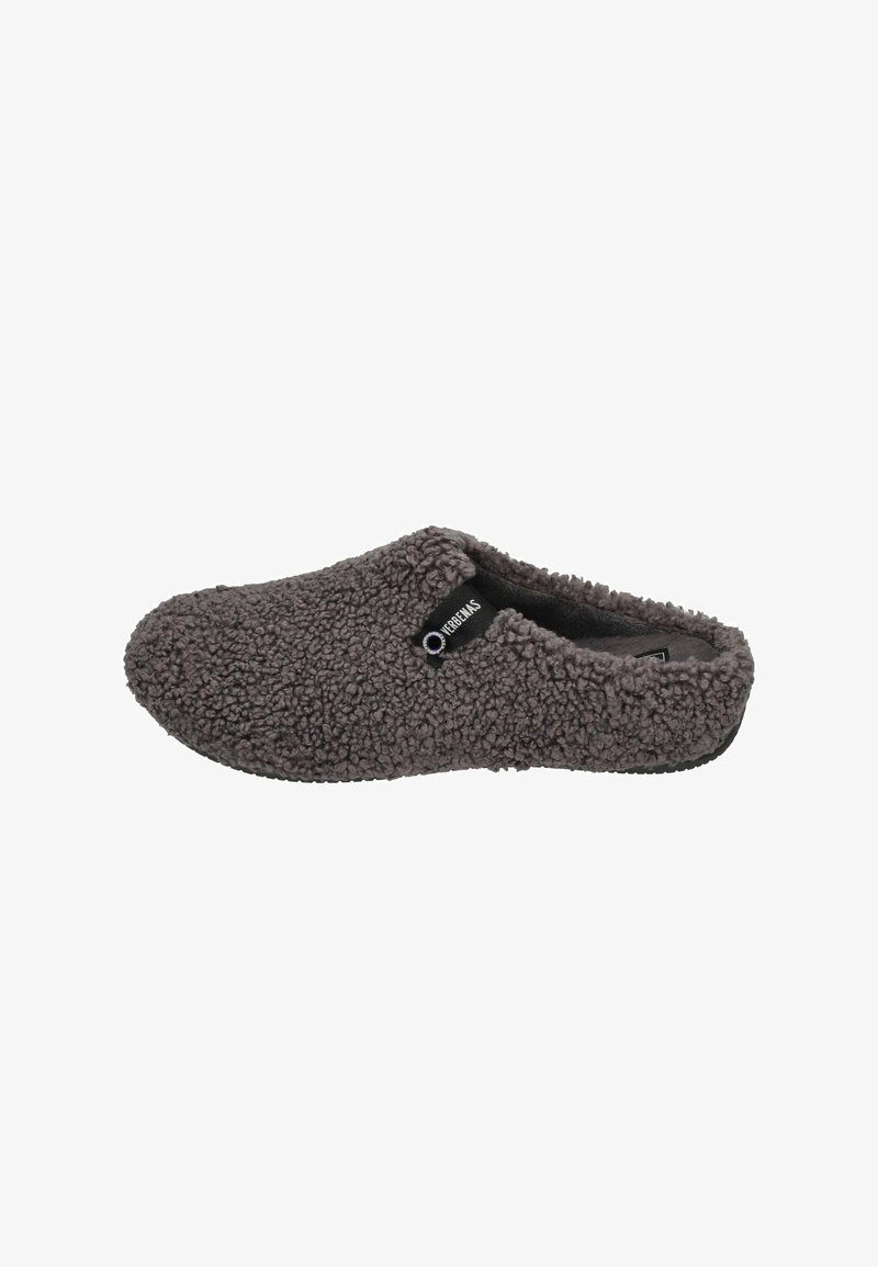 Gray, textured fleece slipper with a slip-on design, rounded toe, and rubber sole. Features a small brand tag on the side.