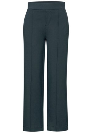 Ciemnoturkusowe spodnie o prostych nogawkach z wysokim stanem, ozdobione szwem z przodu i bocznymi kieszeniami.