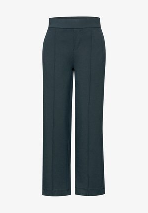 Donkere teal rechte broek met een hoge tailleband, voornaaddetails en zijzakken.