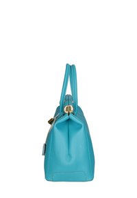 Turquoise leren handtas met dubbele handvaten, een gladde textuur, rechthoekig lichaam, gouden hardware accenten en een ritssluiting aan de bovenkant.