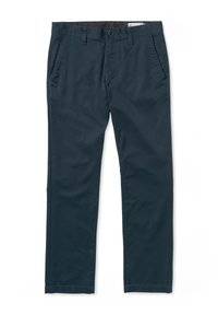 Navy chinos made of cotton blend fabric, featuring a standard fit, front pockets, and a button closure with a zip fly.