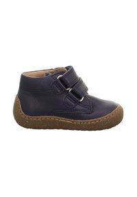 Marineblaue Lederkinderschuh-Ankle-Boots mit zwei Klettverschlussriemen, brauner Gummisohle, runder Zehenform und strukturierten Seitenpaneelen.
