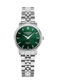 Zilveren roestvrijstalen polshorloge met een ronde groene wijzerplaat, zilveren uurmarkers en een metalen armband. Inclusief de tekst "ROAMER 1888" en "Classico".