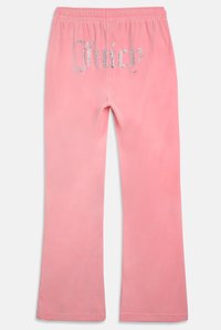 Rozā velūra sporta bikses ar elastīgu jostu un akmeņiem izrotātām "Juicy" uzraksts aizmugurē. Paplatinātas kājas dizains.